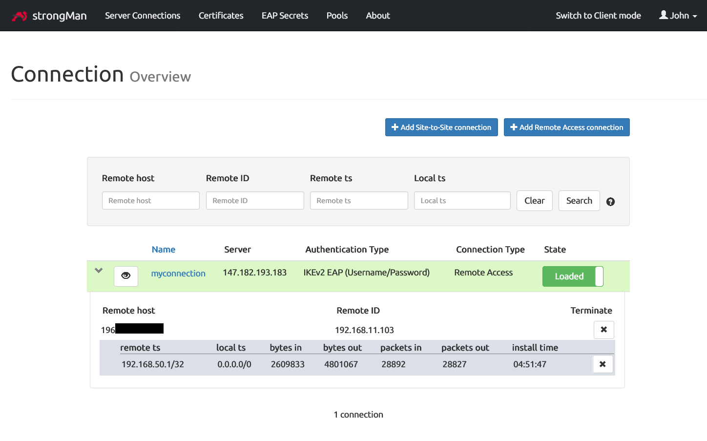 Successfull connection view from StrongMan dashboard